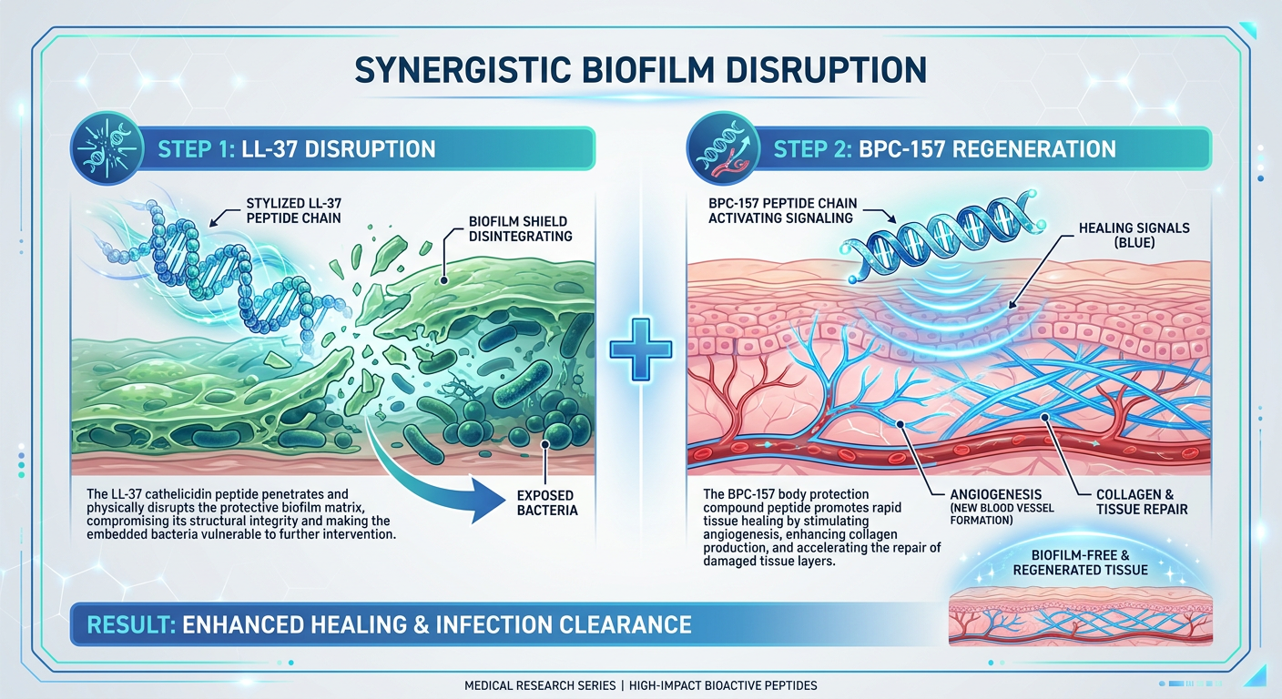 A comparative medical diagram showing LL-37 peptide disrupting a biofilm while BPC-157 accelerates the underlying tissue repair.