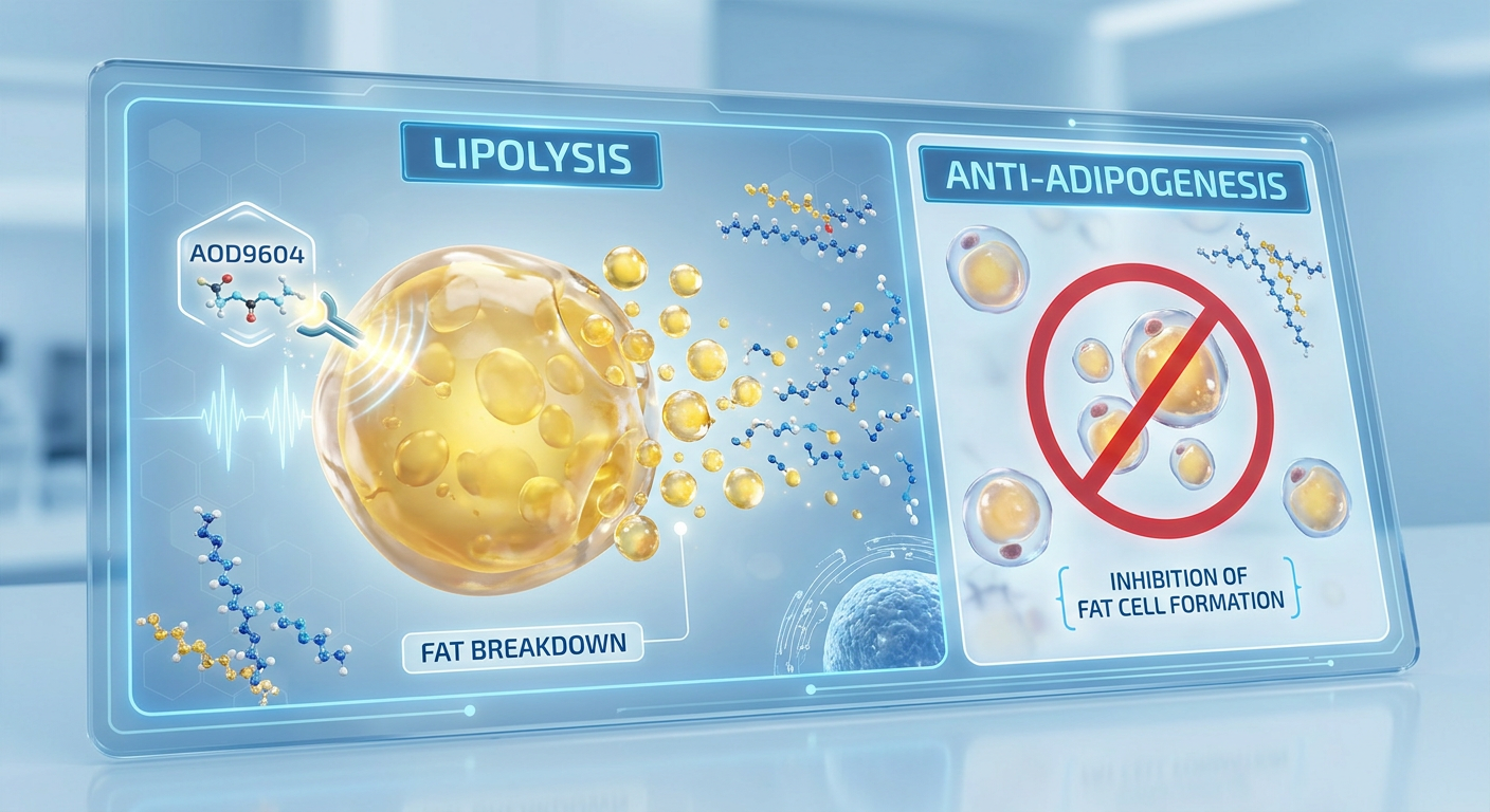 A scientific comparison diagram showing fat cell breakdown (lipolysis) and the prevention of new fat formation (anti-adipogenesis) driven by AOD9604.