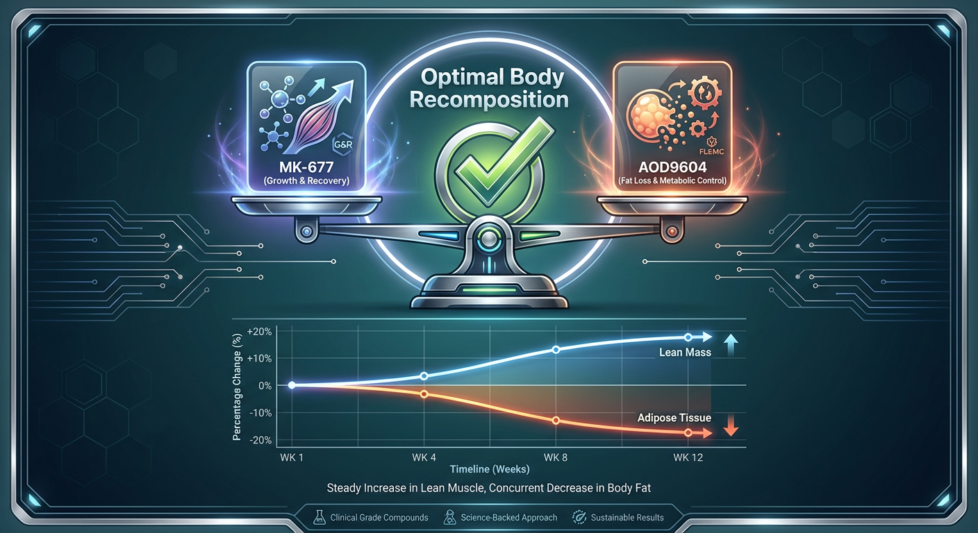 A data visualization chart highlighting the synergistic effect of combining MK-677 and AOD9604 for optimal body recomposition.
