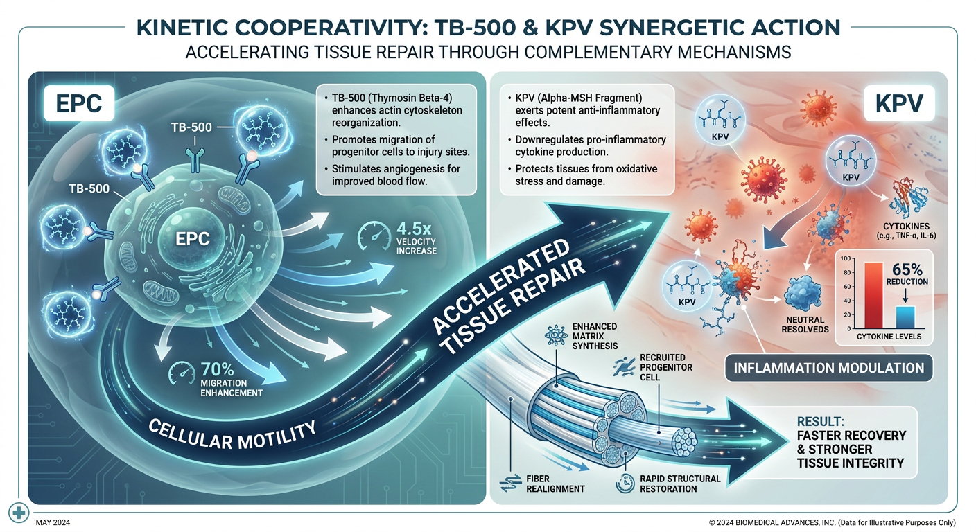 A dual-panel medical infographic showing TB-500 and KPV working together. The left side shows TB-500 promoting cell movement (motility) with a 'TB-500' label. The right side shows KPV calming a high-inflammation environment with a 'KPV' label. The center shows these forces combining to lead healing cells to an injury site. Blue and teal color palette.