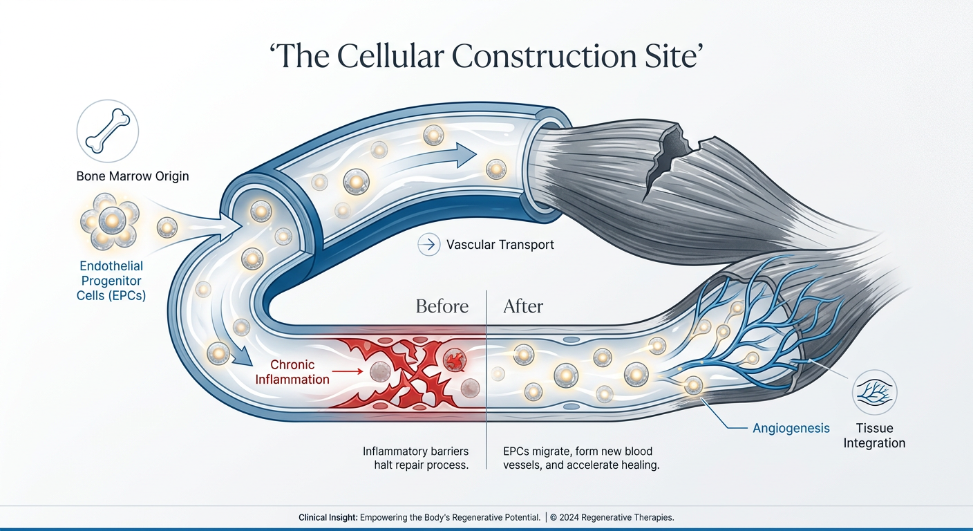 An infographic diagram of an 'Injury Construction Site'. It shows Endothelial Progenitor Cells (EPCs) traveling through a blood vessel toward a damaged muscle area. Labels describe the role of EPCs as master paramedics and the barrier of chronic inflammation. Clinical blue and white color scheme.