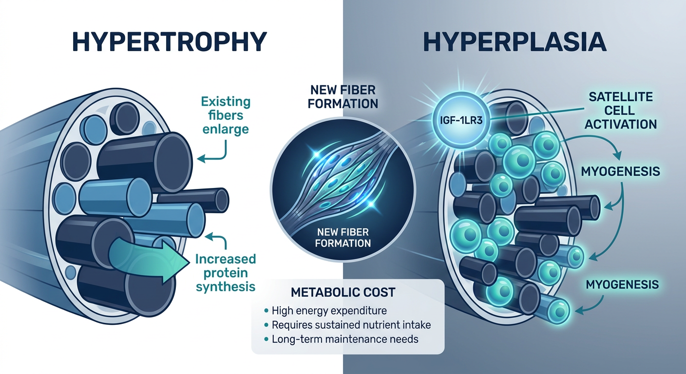 An infographic comparing hypertrophy versus hyperplasia in muscle growth, featuring cross-sections of muscle fibers and the role of IGF-1LR3.