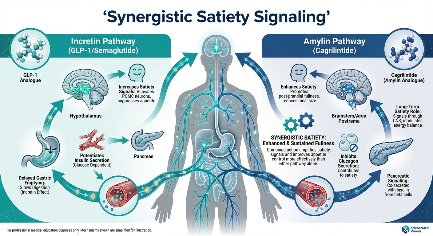 A scientific infographic illustrating the Synergy of Dual-Pathway Satiety, showing Cagrilintide and Semaglutide targeting different brain regions and gut hormones to suppress appetite.