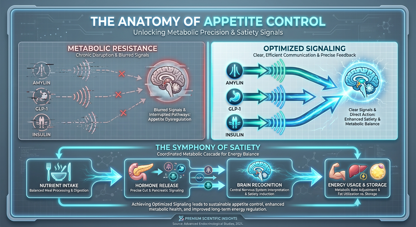A comparison chart infographic showing the 'Intercom Breakdown' of hunger signals in healthy metabolism versus metabolic resistance across the gut-brain axis.