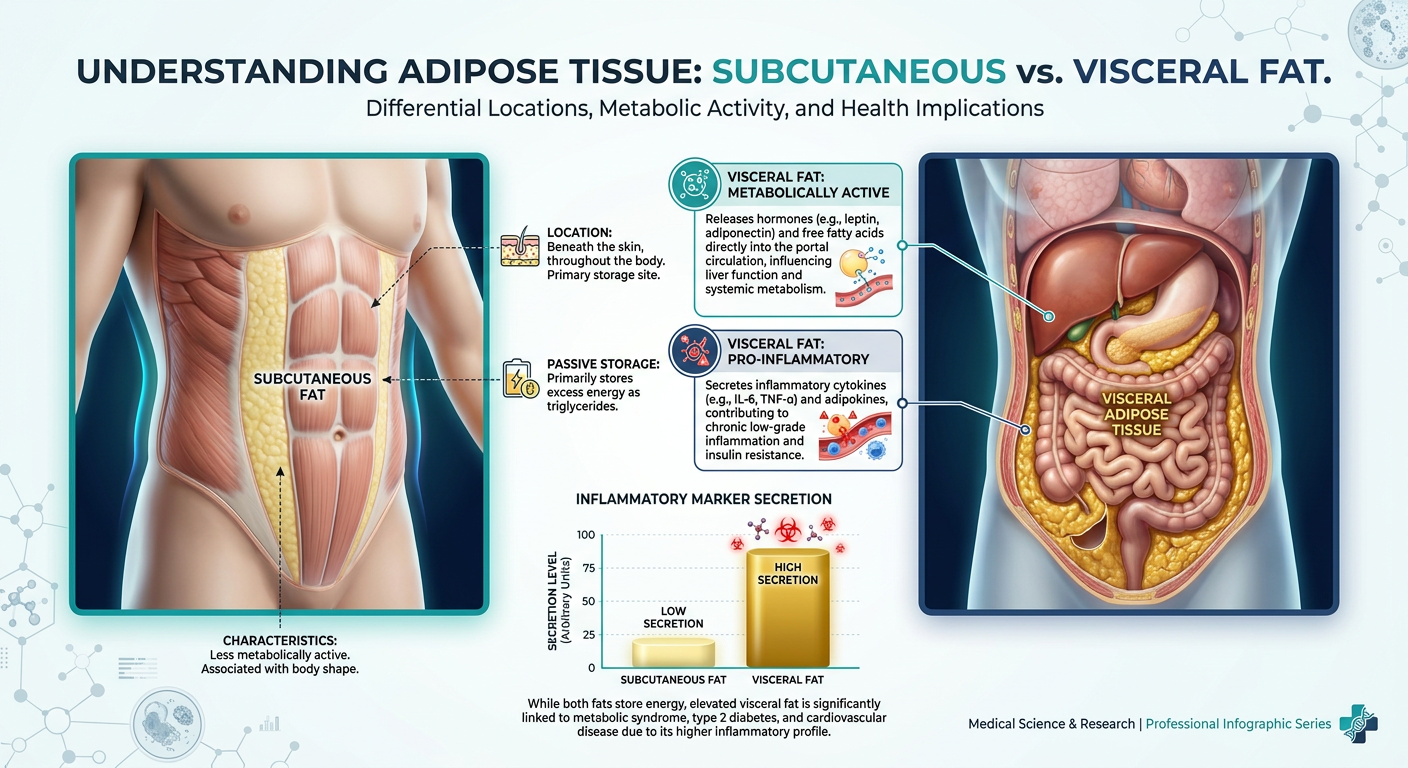 A comparative medical illustration showing the difference between subcutaneous fat and visceral adipose tissue (VAT) within the human torso.