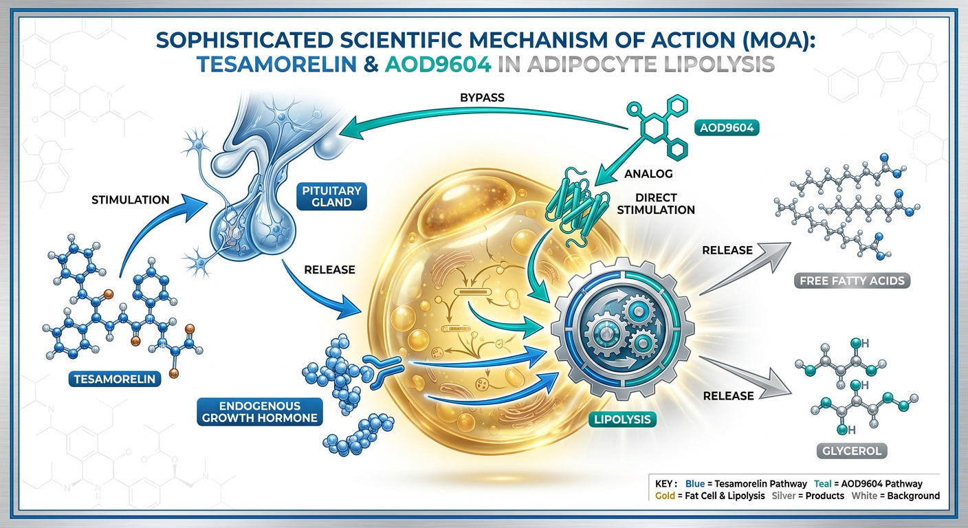 A scientific mechanism of action diagram showing the synergistic pathways of AOD9604 and Tesamorelin on a fat cell (adipocyte).