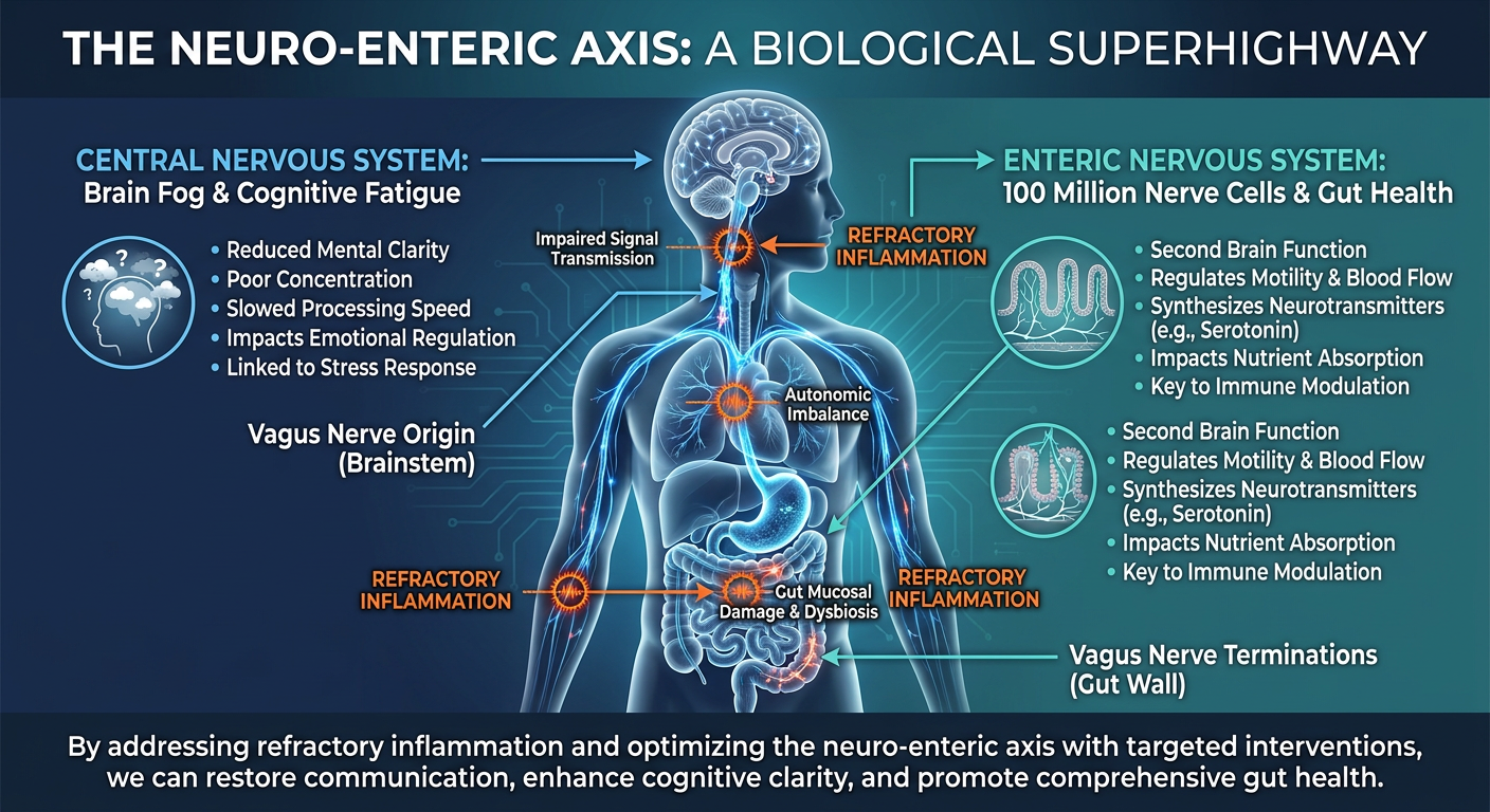 A professional medical infographic titled 'The Neuro-Enteric Axis' showing the bidirectional communication between the human brain and the digestive system, highlighting the vagus nerve and the enteric nervous system.