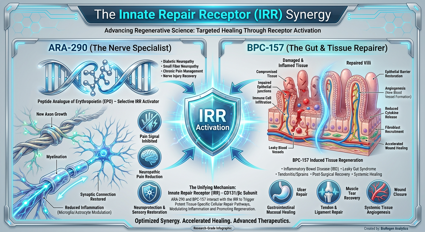 A dual-panel peptide mechanism infographic comparing ARA-290 and BPC-157, showing ARA-290 focusing on nerve repair and BPC-157 focusing on gut lining integrity.