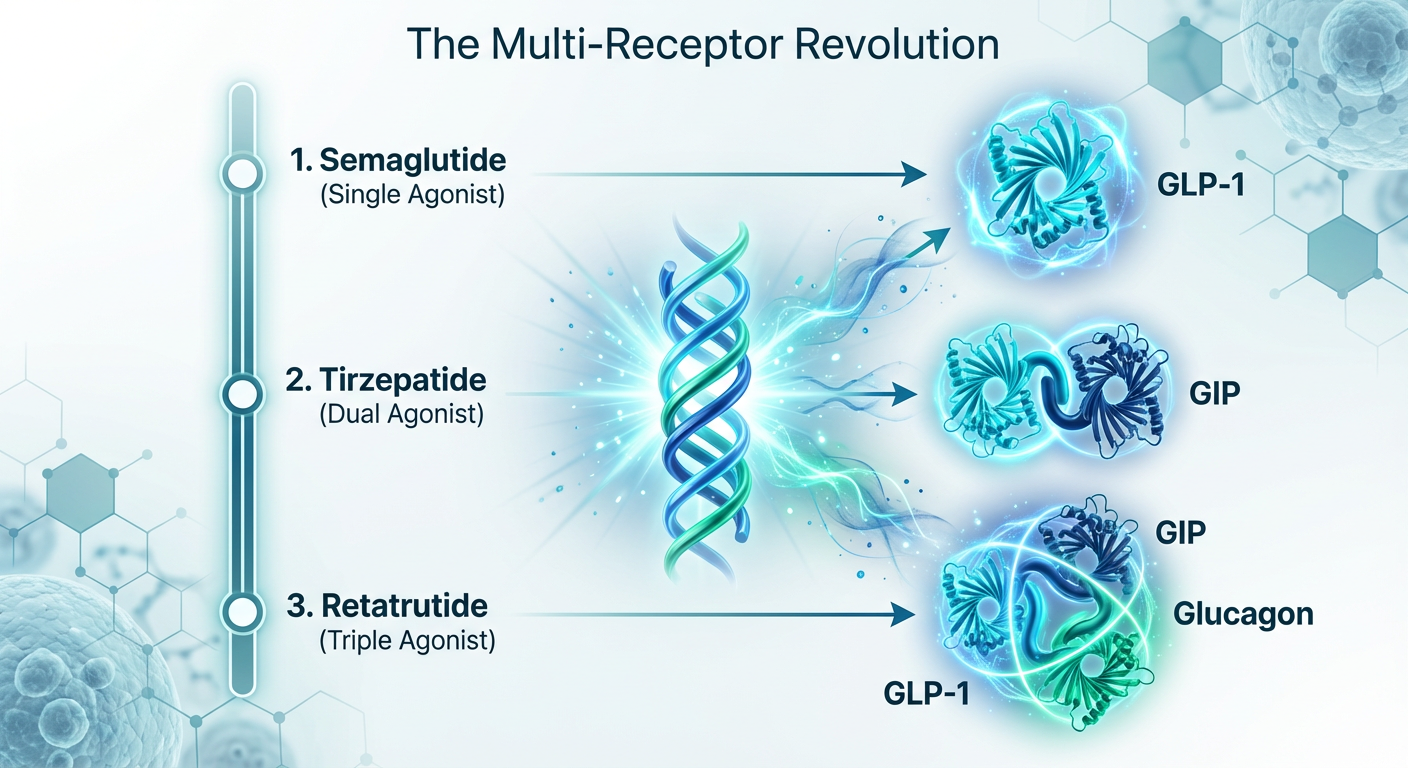A medical infographic titled 'The Triple Threat' comparing GLP-1, GIP, and Glucagon receptor pathways. A central peptide molecule connects to three distinct cellular receptors, visualizing the evolution of metabolic health science from single to triple agonists.