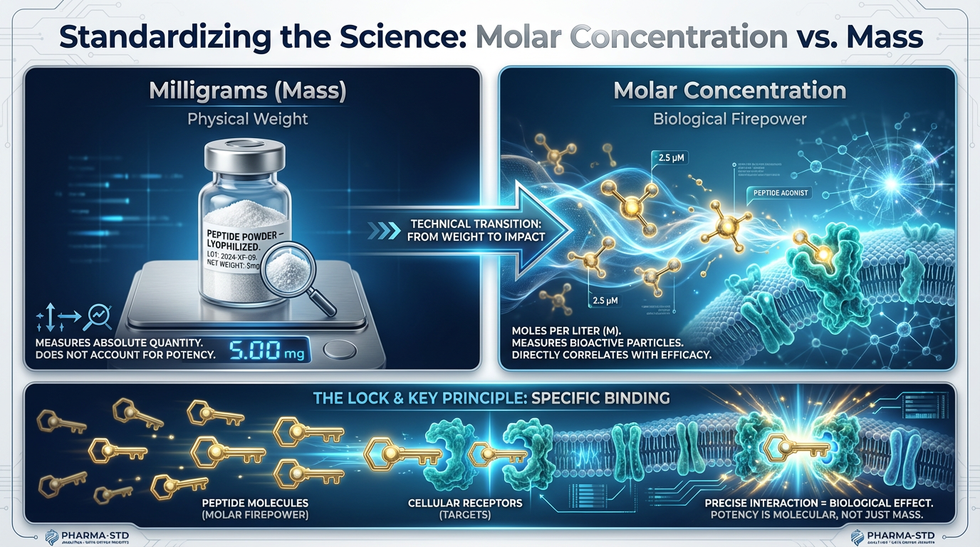 A technical infographic titled 'The Precision Paradox' explaining the shift from Milligram Weight to Molar Concentration. It features a balancing scale where physical weight is on one side and molecular 'keys' (molar potency) are on the other, emphasizing precision in peptide research.