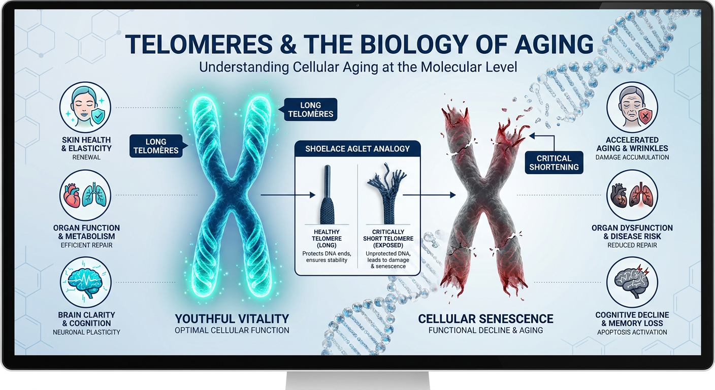 A professional medical infographic comparing a healthy chromosome with long telomeres to a senescent chromosome with short telomeres, styled like a shoelace analogy.