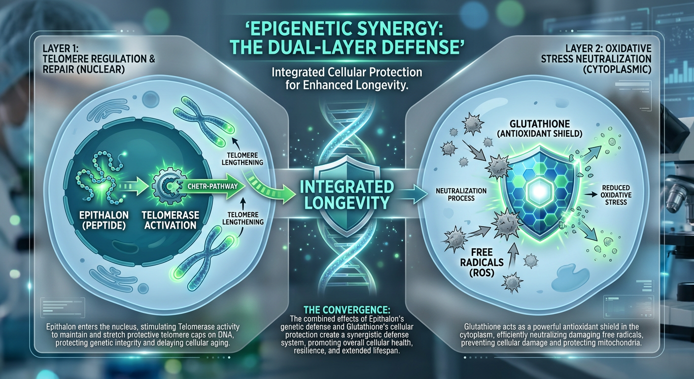 A biological synergy diagram showing Epithalon acting on the nucleus and Glutathione acting on the cell's surrounding environment to protect against aging.