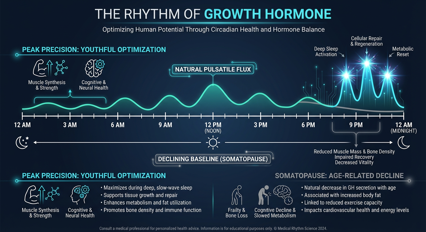 A scientific infographic comparing continuous hormone release versus the natural pulsatile waves of human growth hormone over a 24-hour period.