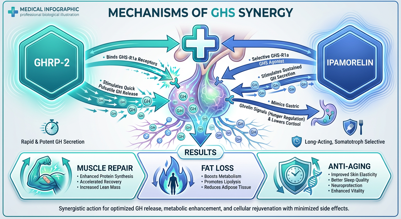 A comparative medical diagram showing the synergistic effects of GHRP-2 and Ipamorelin on the pituitary gland.
