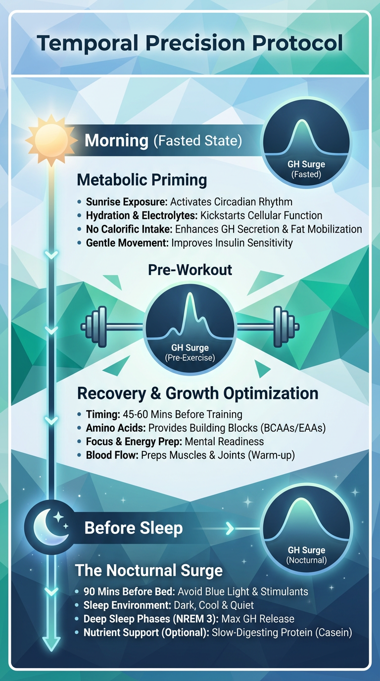 A tactical schedule infographic showing the optimal times for GHS administration to match biological clocks.