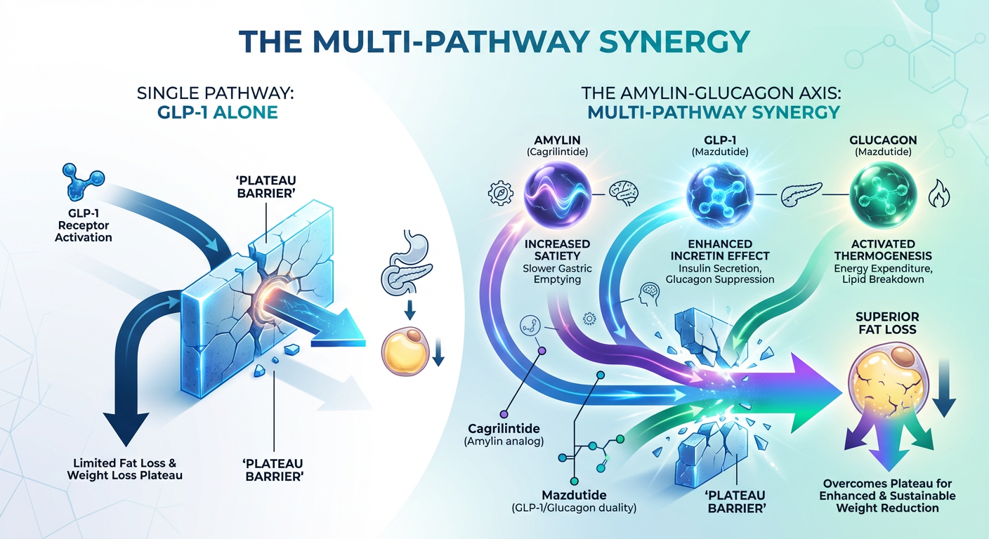 A medical-grade infographic comparing single-pathway versus triple-pathway metabolic signaling, illustrating the synergy between <a href=
