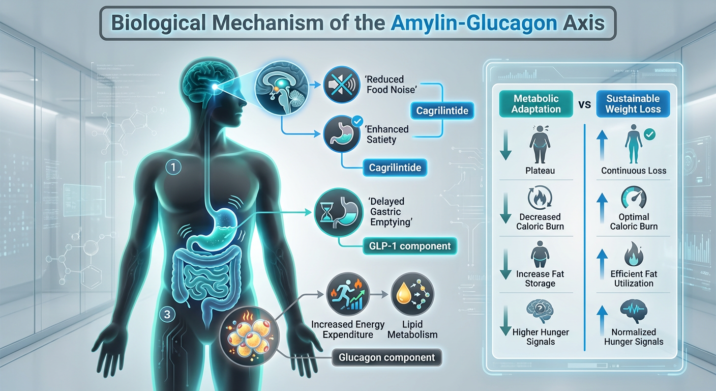 An anatomical infographic showing how Cagrilintide and Mazdutide affect the brain, stomach, and adipose tissue during weight loss.