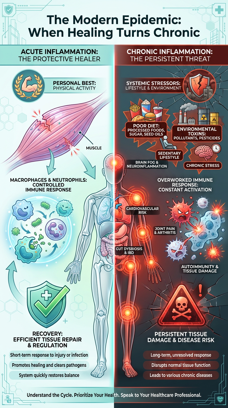 A scientific infographic showing the transition from acute to chronic inflammation. The left side shows healthy recovery after mechanical injury, while the right side shows a cycle of systemic inflammation leading to joint decay and fatigue. Color palette: Navy, teal, and soft grey.
