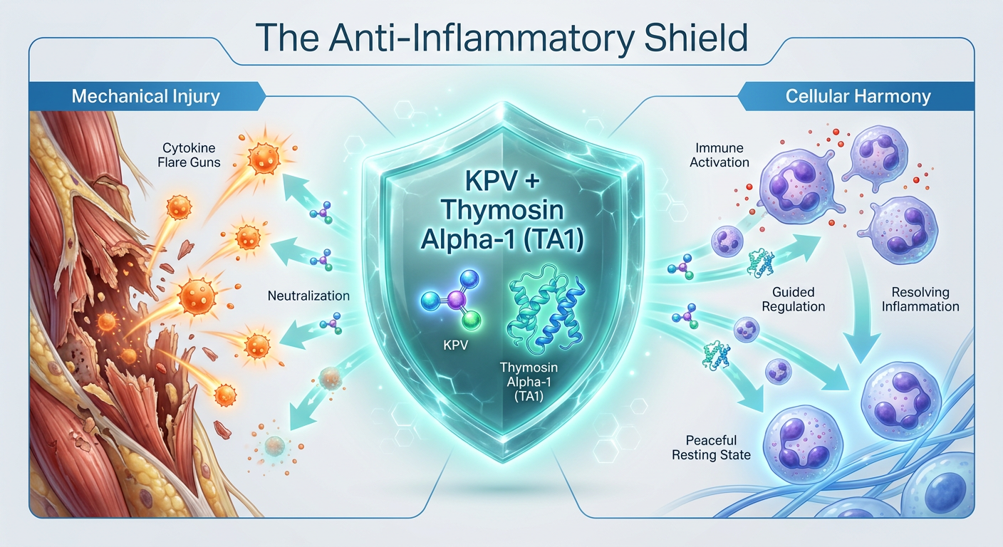 A molecular biology infographic demonstrating the 'Anti-Inflammatory Shield' created by KPV and Thymosin Alpha-1 working together at the cellular level to manage cytokines and immune cells.