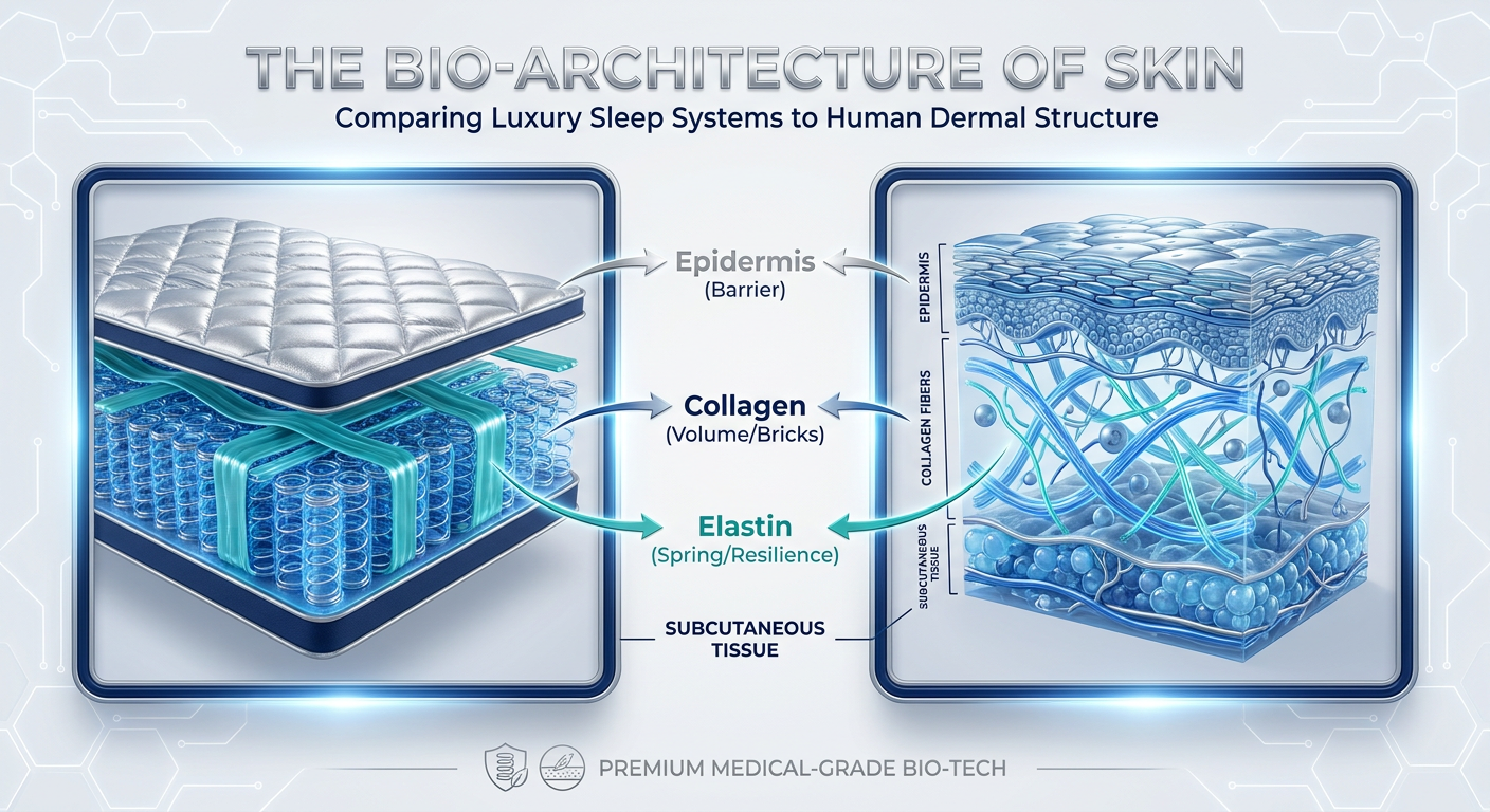 An infographic comparing skin structure to a luxury mattress, showing the epidermis as the fabric and the dermis-ECM as the internal springs and foam.