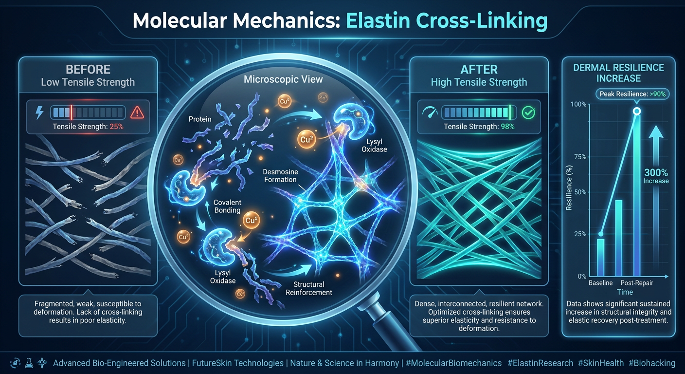 A scientific diagram showing the process of elastin cross-linking and copper-dependent enzyme activity in the dermis.