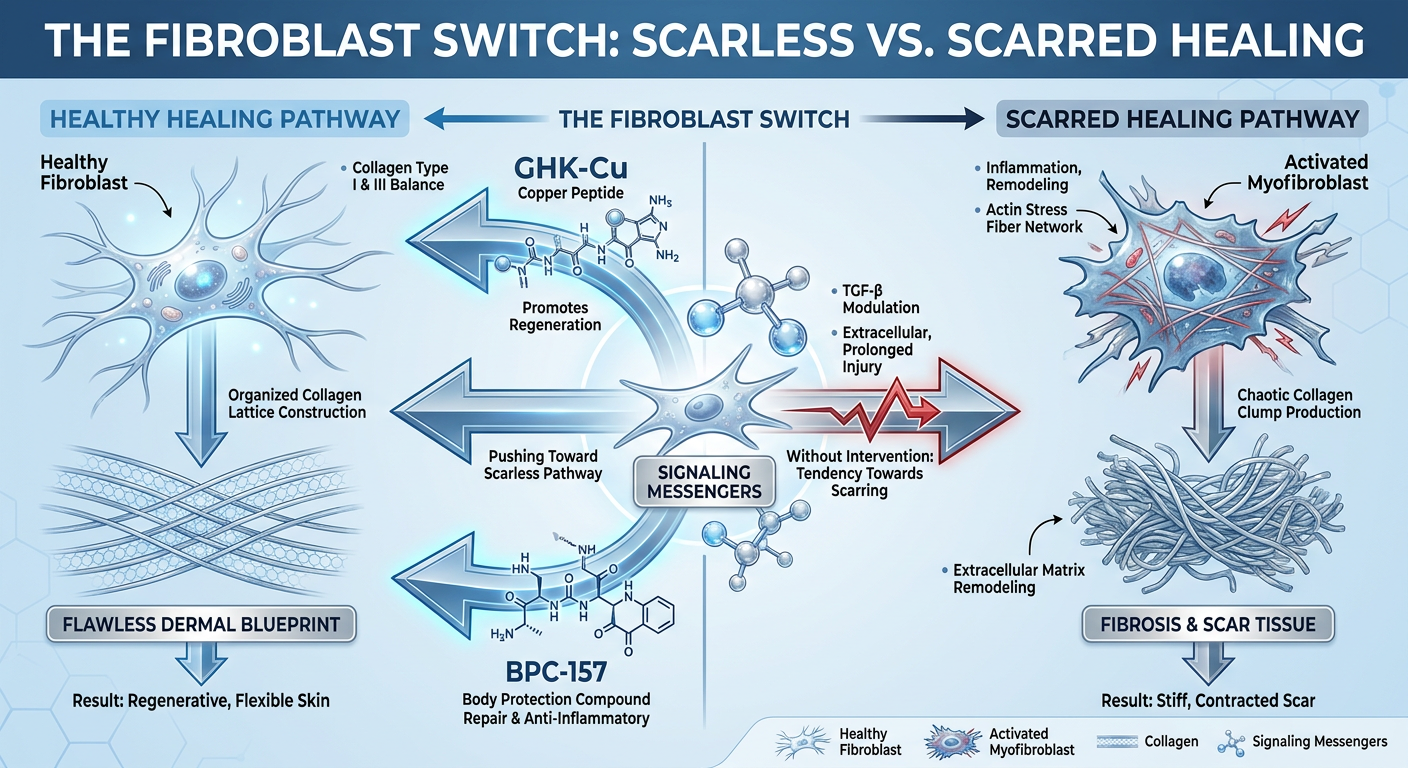 An infographic titled 'The Fibroblast Switch' showing the transition from a healthy fibroblast cell to a scarred myofibroblast. It illustrates how GHK-Cu and BPC-157 influence the healing pathway to ensure scarless repair instead of scar formation.