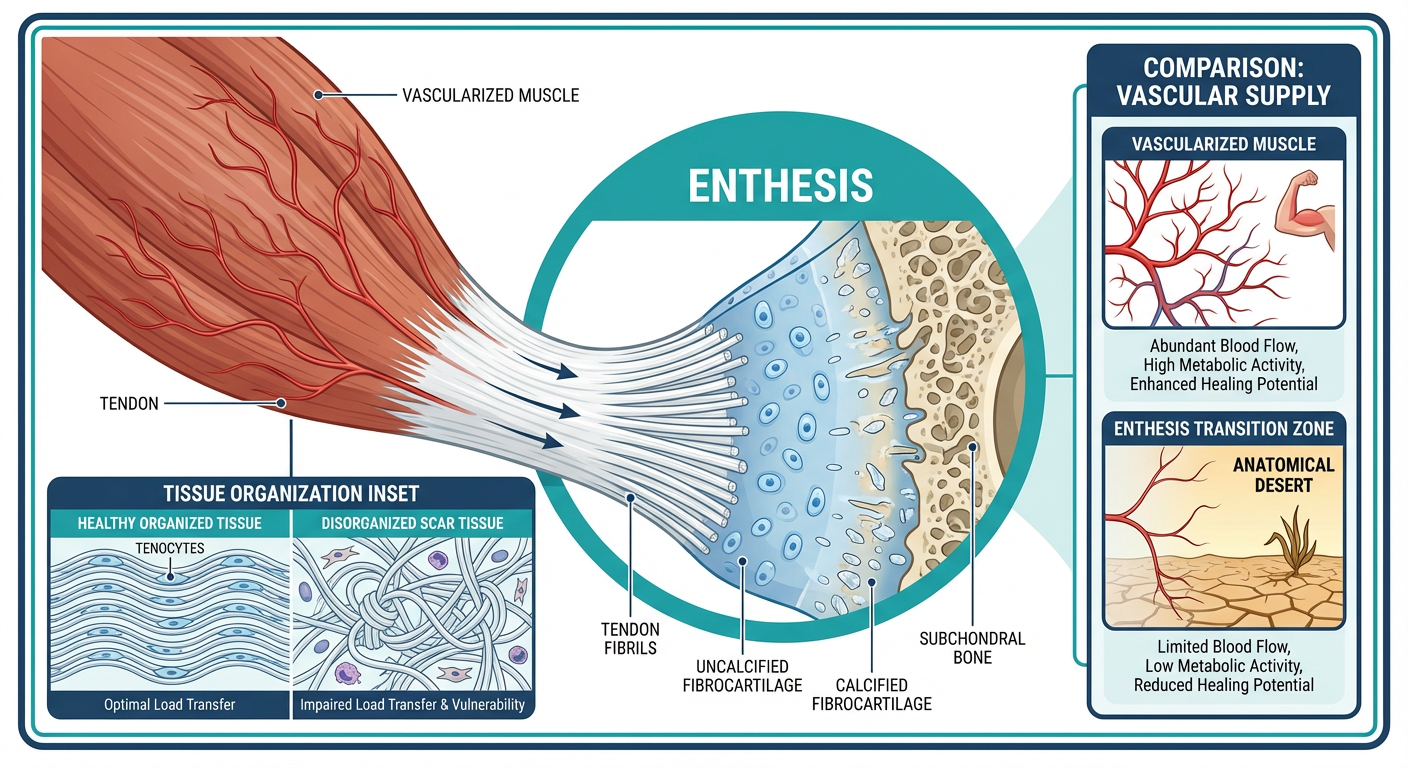 A professional medical infographic showing the anatomy of the enthesis, the junction where tendon meets bone, highlighting the lack of blood flow compared to muscle tissue.