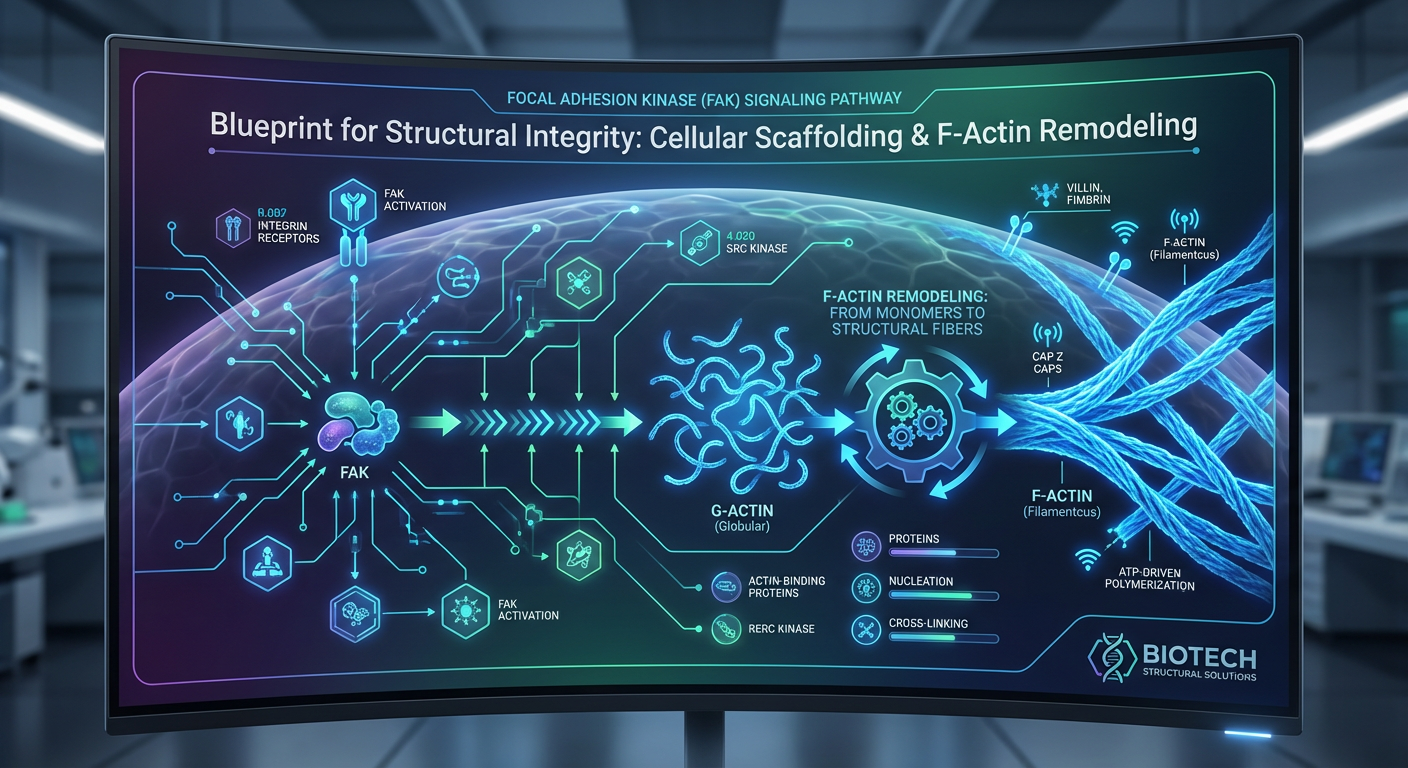 A detailed molecular diagram of a cell membrane showing Focal Adhesion Kinase (FAK) signaling and the reorganization of F-Actin filaments for tissue repair.