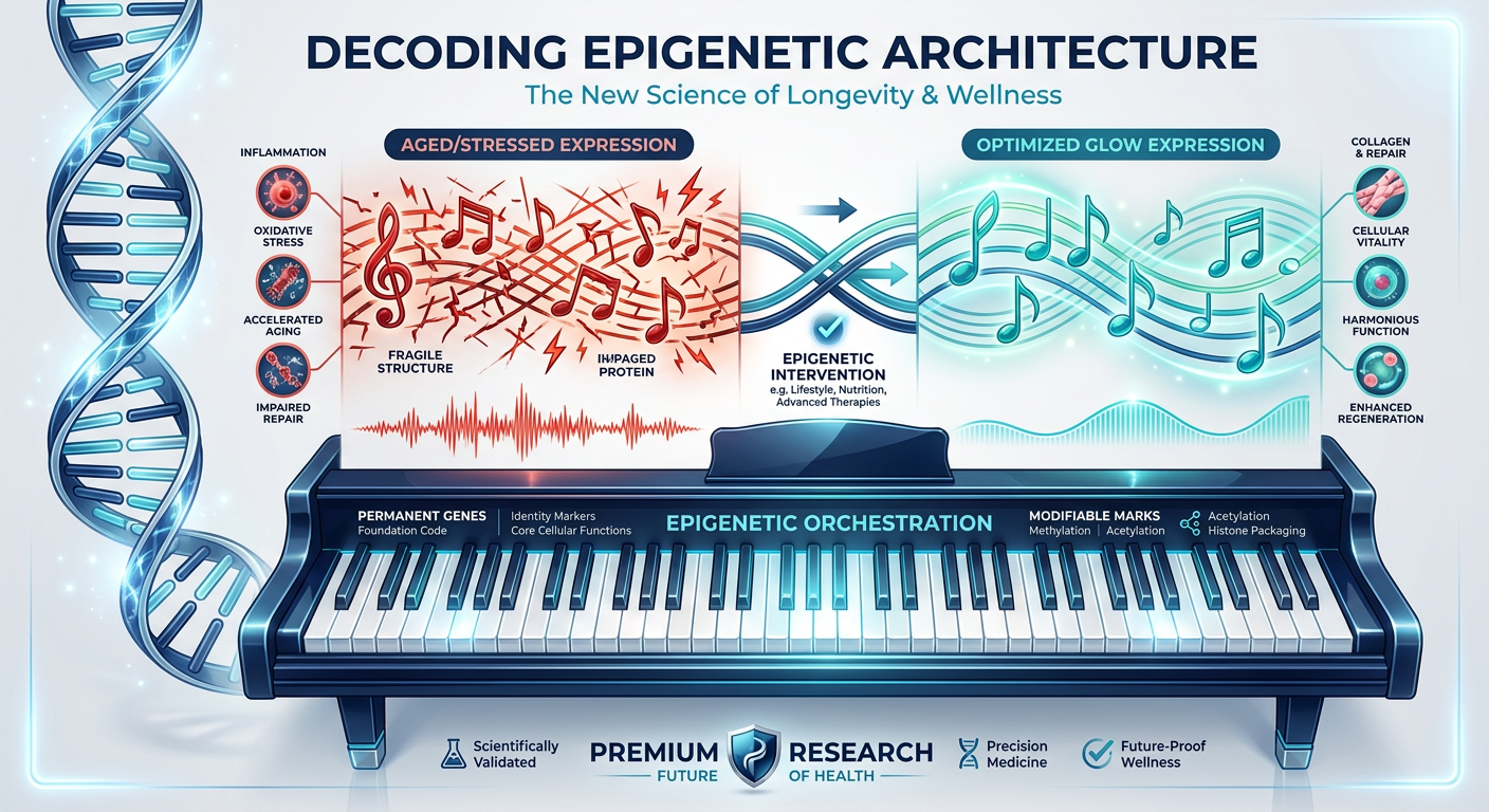 An infographic titled 'The Epigenetic Piano' illustrating how DNA remains constant while gene expression changes with age and peptide intervention.