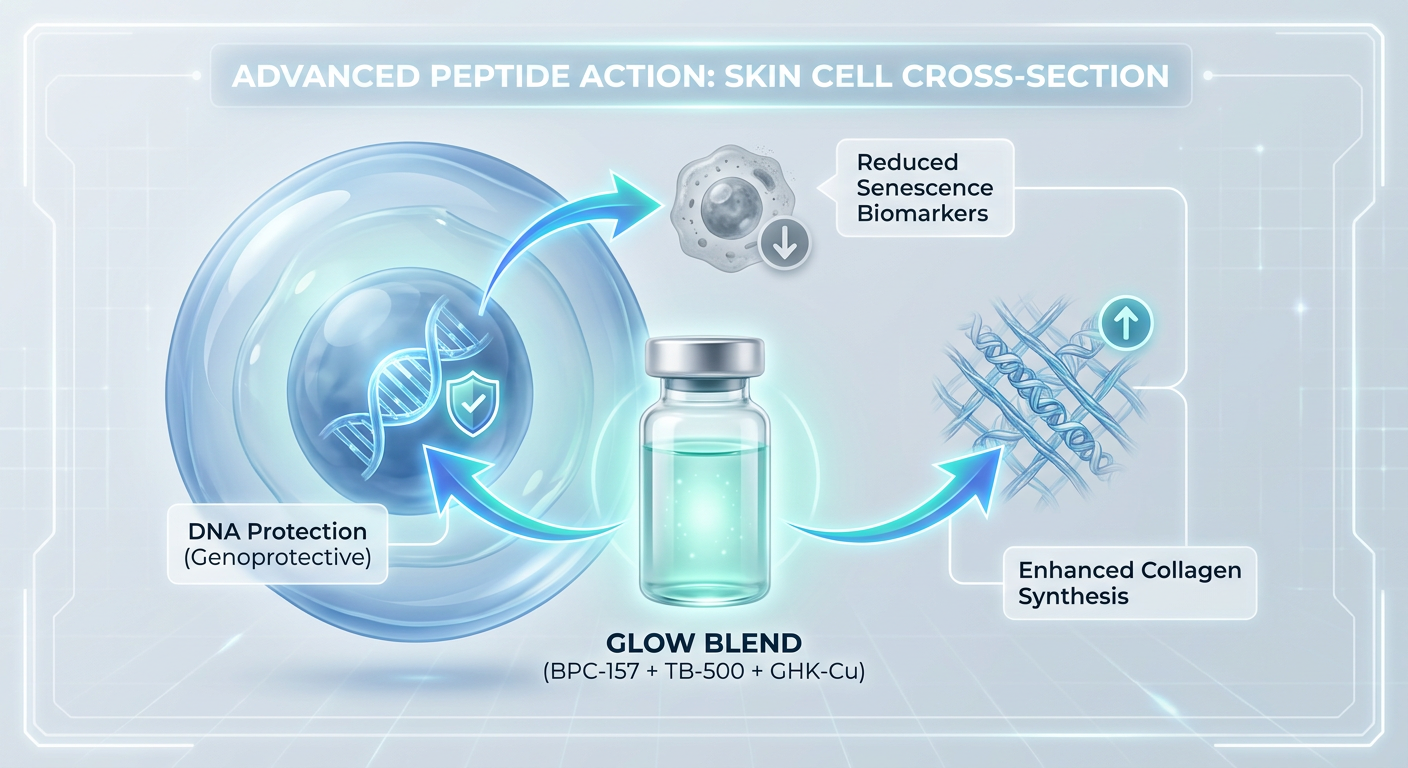 A scientific diagram showing the GLOW Blend (BPC-157, TB-500, GHK-Cu) interacting with a human cell to reduce senescence biomarkers.