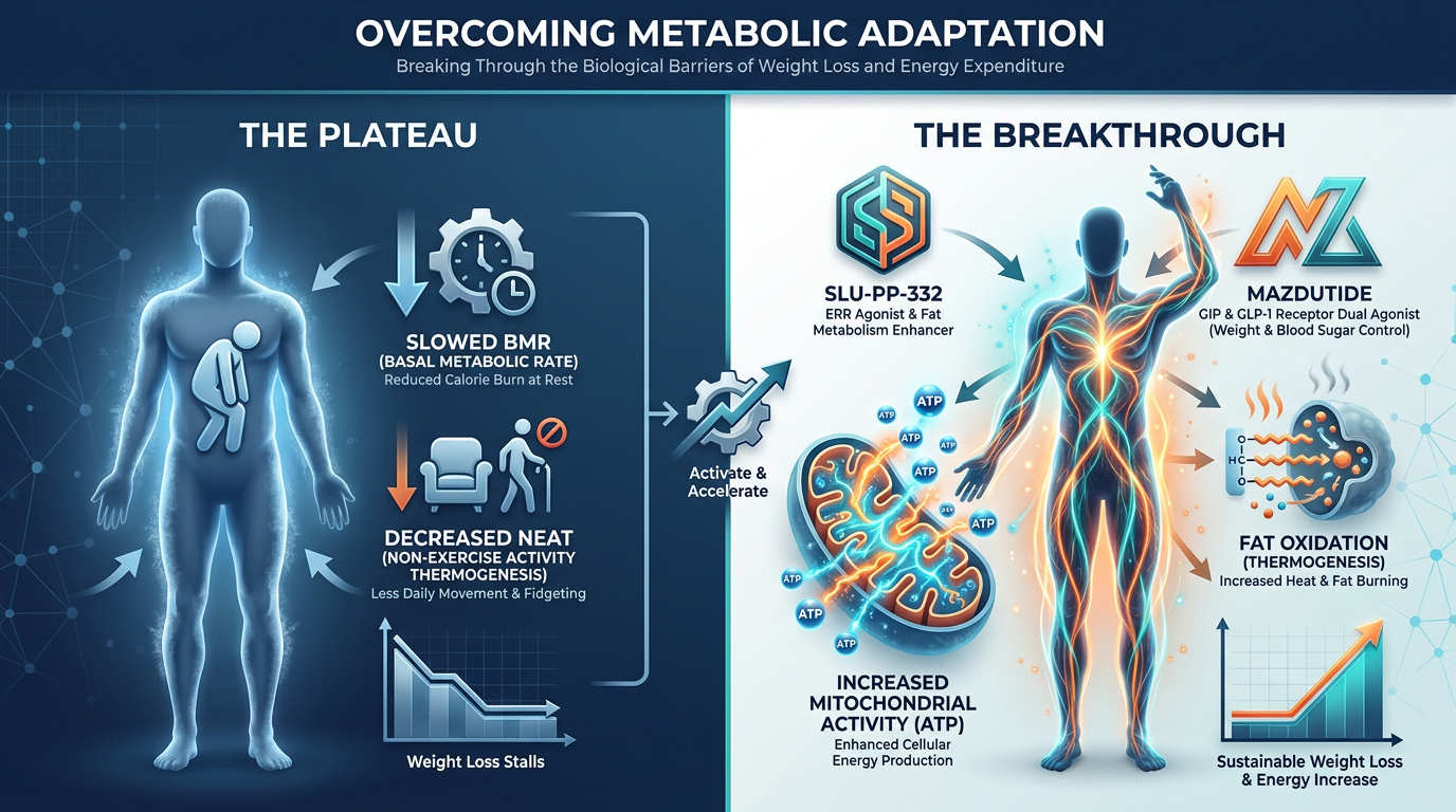 Scientific infographic titled 'Overcoming Metabolic Adaptation' showing two scenarios: a metabolic plateau with low energy output and a metabolic breakthrough with high energy output using <a href=