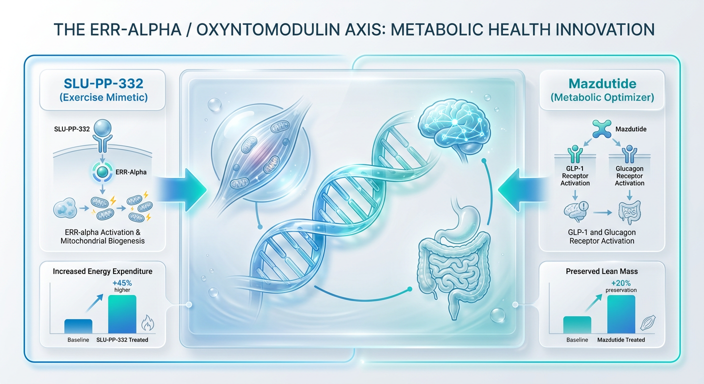 Diagram of the ERR-Alpha and Oxyntomodulin synergy. It displays the dual-action mechanism of SLU-PP-332 stimulating muscle mitochondria and Mazdutide optimizing appetite and metabolic rate.