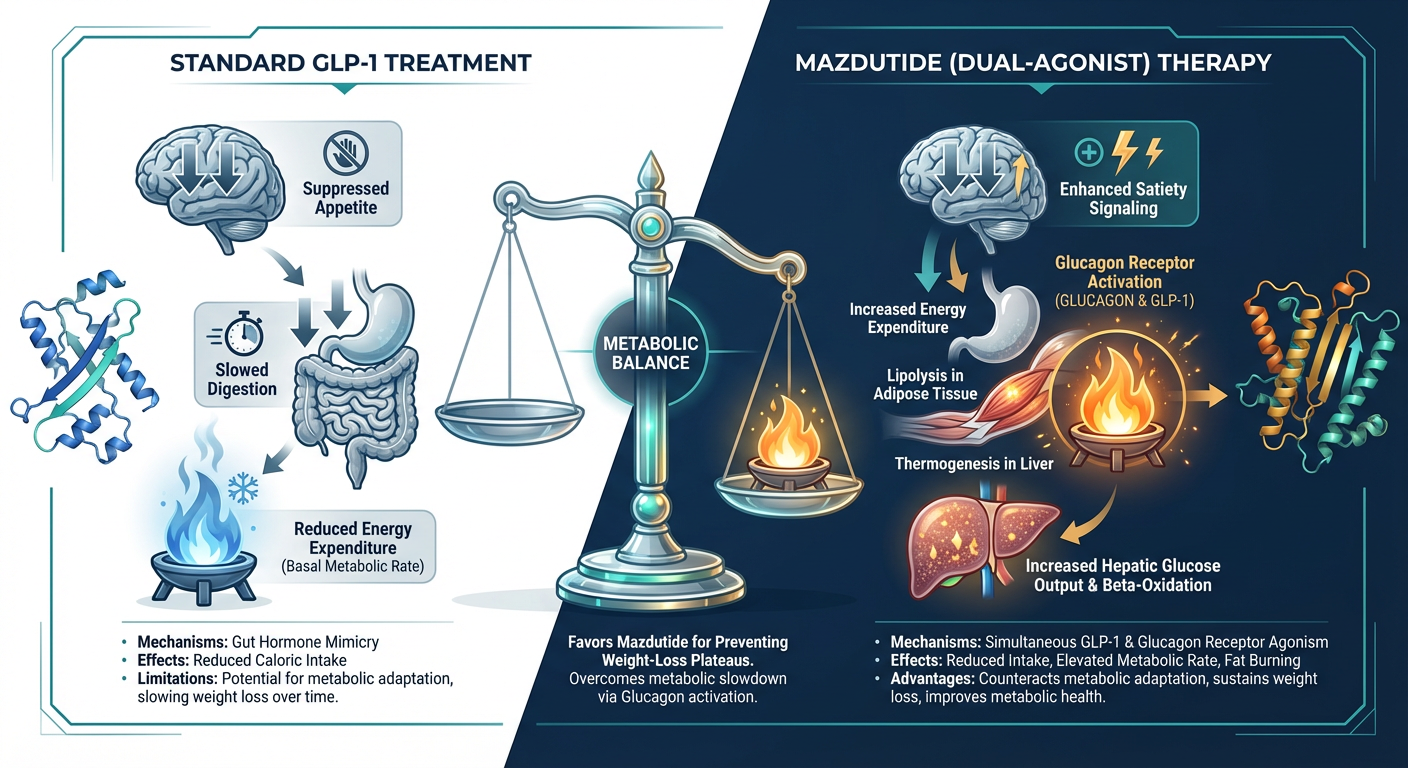 An infographic comparing the single-action mechanism of GLP-1 versus the dual-action mechanism of <a href=