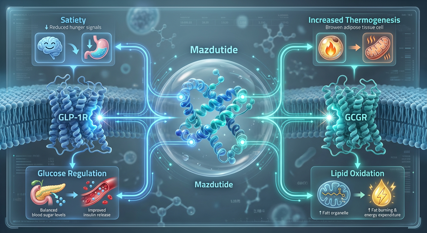 A scientific diagram illustrating how Mazdutide activates both GLP-1 and Glucagon receptors to trigger appetite suppression and hepatic thermogenesis.