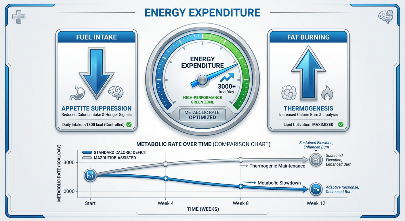 A metabolic flowchart showing the impact of Mazdutide on 'The Furnace'—metabolic rate—versus 'The Fuel'—appetite—to overcome weight loss plateaus.