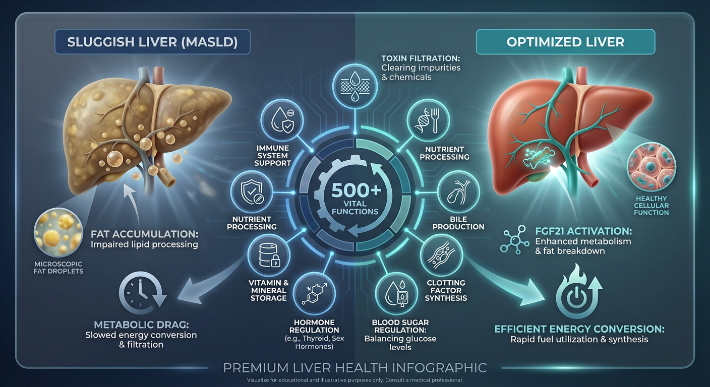 An infographic comparing a healthy liver to a fatty liver, illustrating the metabolic functions of FGF21 and multi-agonist compounds.