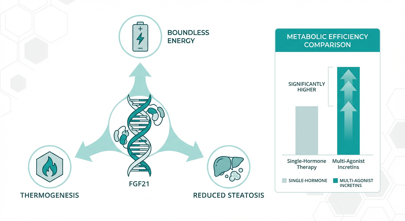 A scientific diagram showing the synergy between multi-agonist incretins and FGF21 in enhancing metabolic health.