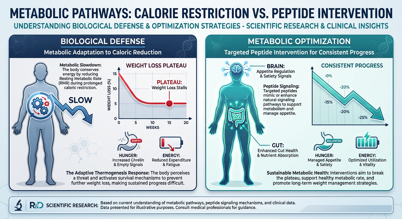 A detailed infographic comparing the 'Survival Metabolism' plateau to 'Targeted Metabolic Optimization' using GLP-1 and Glucagon pathways. High-tech medical aesthetic.