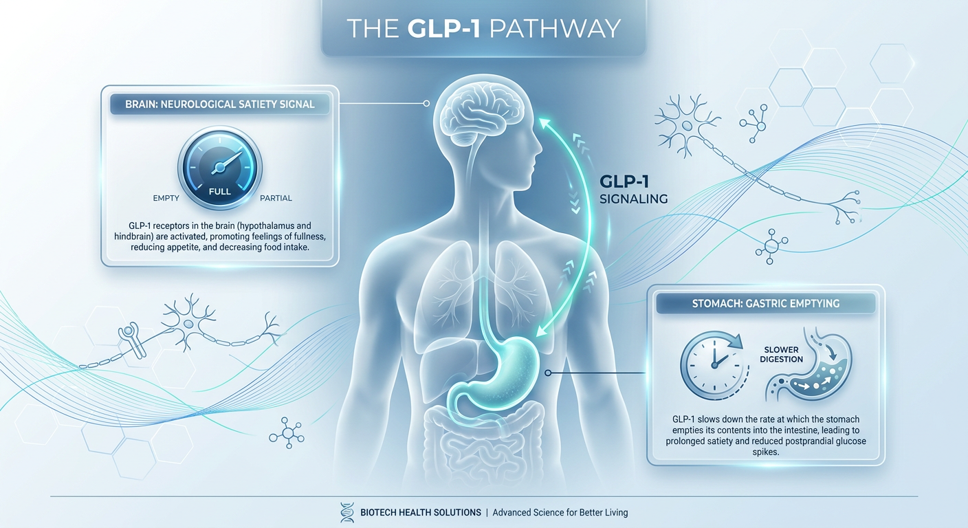 A scientific diagram illustrating the primary mechanism of Semaglutide, focusing on the GLP-1 hormone's effect on the brain and stomach.