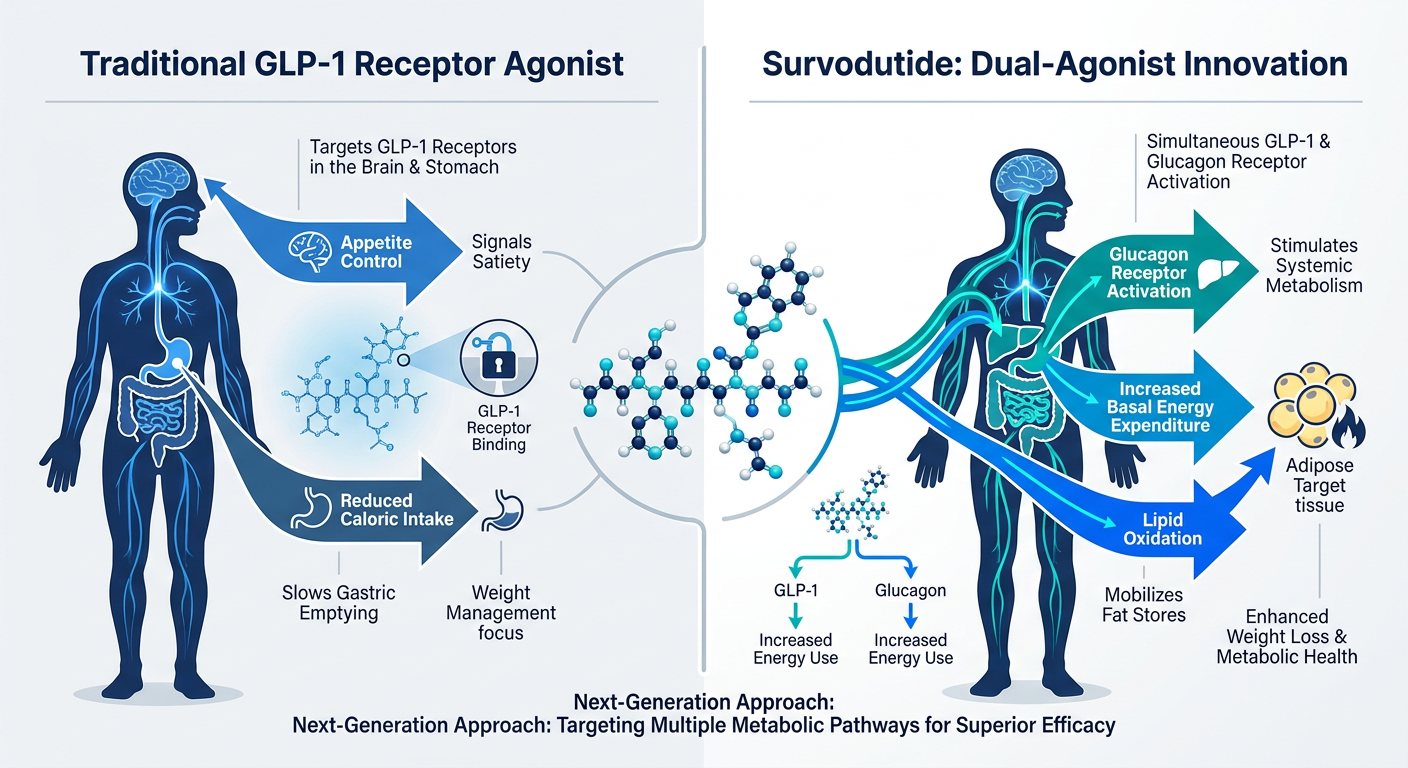 A technical infographic comparing the mechanisms of single-agonist GLP-1 peptides versus dual-agonist peptides like <a href=
