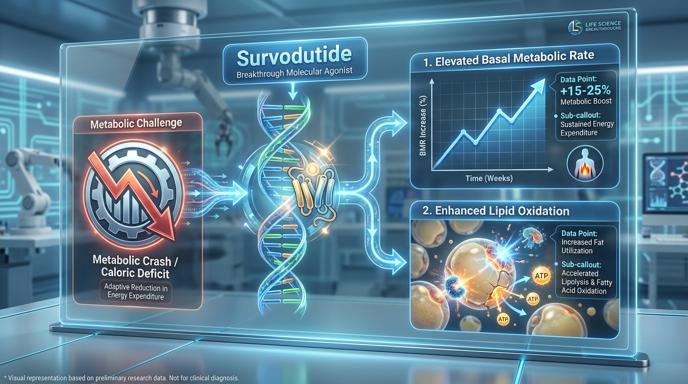 A scientific flowchart infographic illustrating how Survodutide prevents metabolic adaptation by increasing resting metabolic rate and fat oxidation.