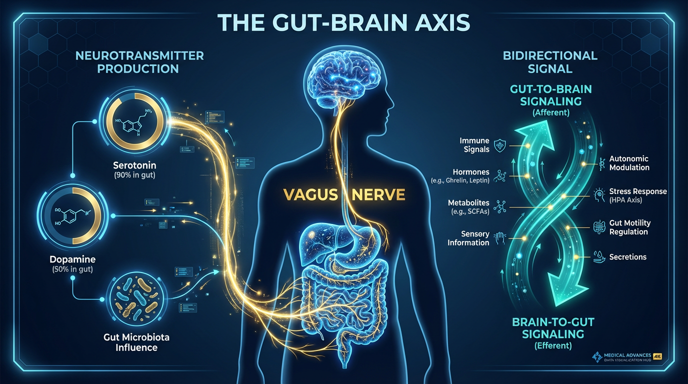 An anatomical infographic showing the bidirectional communication between the human brain and the gut, highlighting the Vagus Nerve and neurotransmitter production.