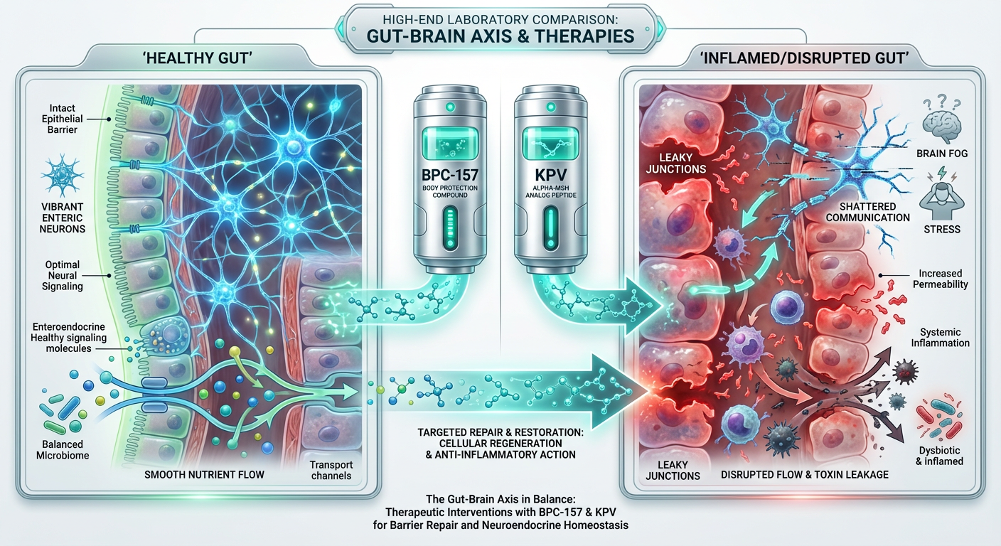 A scientific comparison diagram showing a healthy gut lining versus an inflamed gut lining, detailing the impact on the enteric nervous system.