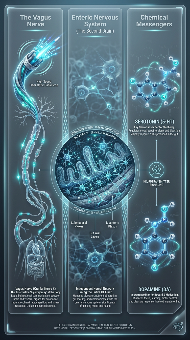 A diagram illustrating the three primary pathways of the gut-brain axis: The Vagus Nerve, the Enteric Nervous System, and Chemical Messengers.