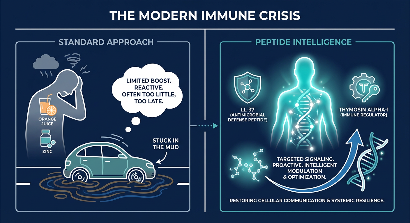 An infographic comparing the 'Stuck in the Mud' immune system to an 'Intelligent' immune system using peptides.