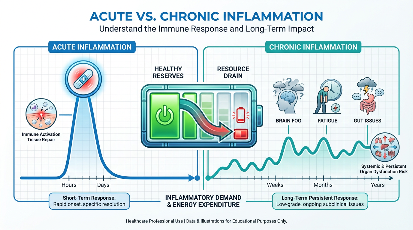 A scientific diagram showing the transition from beneficial acute inflammation to harmful chronic inflammation.