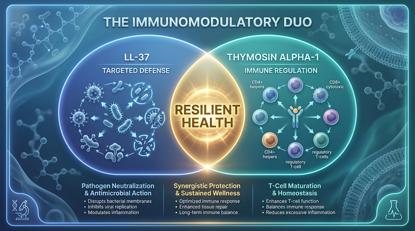 A diagram representing the synergy between LL-37 (the defender) and Thymosin Alpha-1 (the regulator).