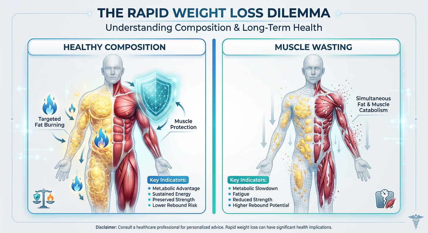 Infographic showing the difference between healthy fat loss and muscle-consuming weight loss. Left side shows fat loss with muscle retention, right side shows muscle wasting.