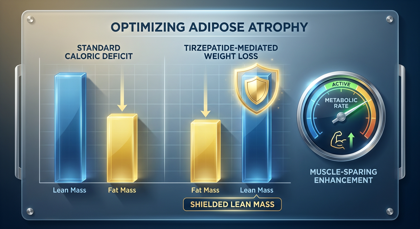 A 3D bar chart comparing body composition outcomes between traditional caloric deficits and Tirzepatide-assisted research models.