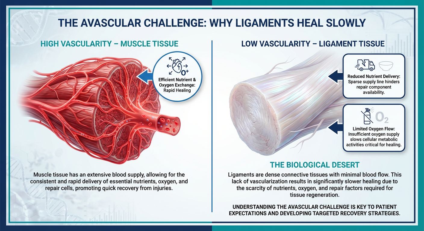 A medical infographic titled 'The Avascular Challenge' showing a comparison between muscle tissue and ligament tissue. Muscles are shown in red with a dense network of blood vessels, while ligaments are shown in white/cream with very few vessels, highlighting why they heal slowly.